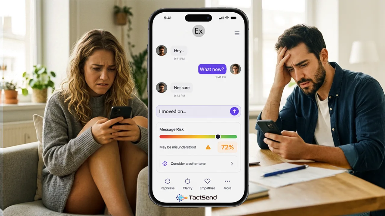 Two people in separate places looking tense while texting, with a TactSend phone interface shown in the center.